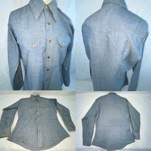 VTG 60s 70s Mens Medium Button Chambray Western Cowboy Snap Button Work Shirt - Picture 1 of 18