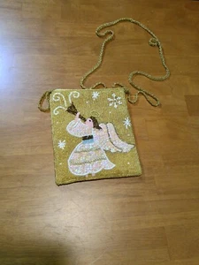 Seltene Vintage Geldbörse mit Glasperlen Wappenengel Gold - Bild 1 von 4