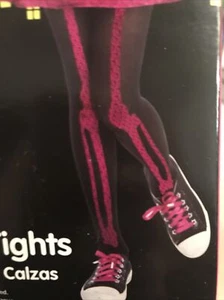 PINK SKELETON LEGS~HALLOWEEN TIGHTS Girls  M/L 8-10-12~HELLO KITTY GLITTER New - Picture 1 of 6