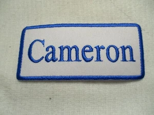 CAMERON NEW EMBROIDERED SEW / IRON ON NAME PATCH BLUE ON WHITE - Picture 1 of 2