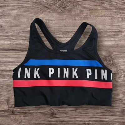 PINK Victoria's Secret Black Red Logo Sz M Ultimate Gym Racerback Sport Bra - Image 1 of 4