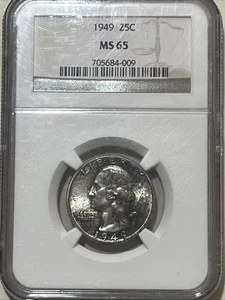 1949-P Philadelphia Washington Quarter NGC MS65 US 25c Silver Coin Gem BU UNC - Picture 1 of 4