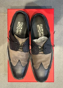 Salvatore Ferragamo Mens Oxford Wingtip Shoes Size 9.5 Black/Brown Suede Leather - Picture 1 of 3