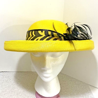 Sombrero De Colección Años 80 Amarillo y Negro Deborah Nueva York Paja Sol Ala Ancha con Plumas Foto 1 de 4