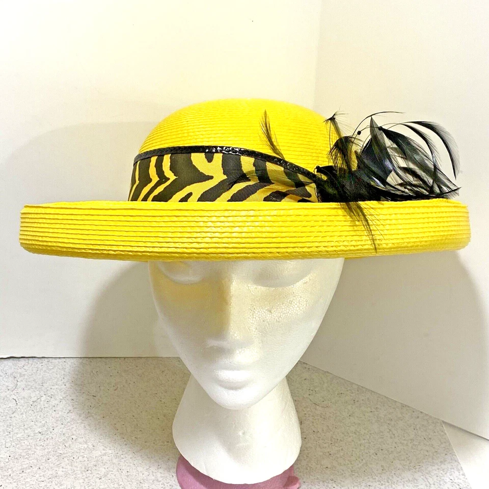Vintage 80's Yellow & Black Deborah New York Straw Sun Hat Wide Brim w/ Feathers - Image 1 of 4