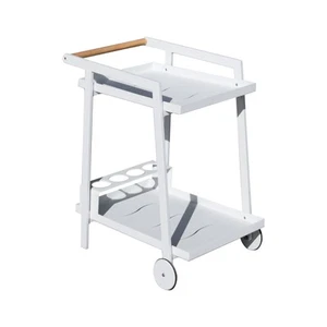 Aluminum White Indoor/Outdoor Patio Serving Dual-layer Cart with Teak Handle - Picture 1 of 9