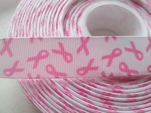 WHITE W/PINK BREAST CANCER GROSGRAIN RIBBON - AWARENESS - HAIRBOW - 7/8" X 1YARD