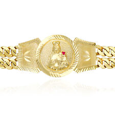 14K Yellow Gold With Ruby Saint Barbara Double Solid Miami Chain Bracelet 9"
