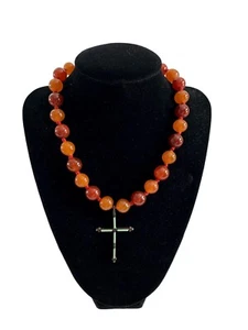 Lucky Brand Burnished Orange Carnelian Bead Necklace Metal Enamel Cross Pendant  - Picture 1 of 6