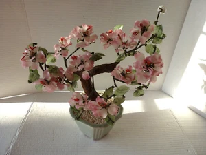 Vintage Glass Cherry Blossom Bonsai Tree -Art Decor Flowers Leaves - Picture 1 of 12