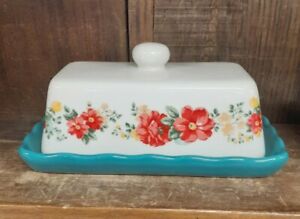 Pioneer Woman Covered Butter Dish White Ceramic Top w/ Flowers Teal Bottom Plate