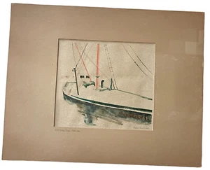 Stanford Bassett original signiertes Aquarell Gemälde Fischerboot im Winter Schnee - Bild 1 von 11