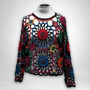 Vtg Colorful Crochet Sweater Top OS Flower Beads Cropped Rainbow Jumper 90s Y2K - Picture 1 of 10