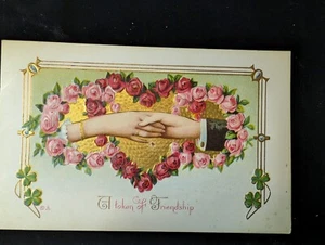 Antique 1910 Postcard Unposted "A Token Of Friendship" Clasped Hands Hand Shake - Picture 1 of 4
