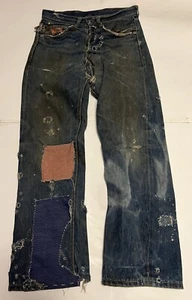 Vintage 1940s Montgomery Ward 101 Donut Button Blue Jeans WW2 Repairs Sz 32x30 - Picture 1 of 16