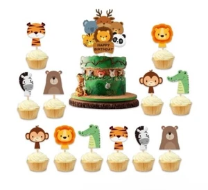 13 Piece Birthday Cupcake Picks & Cake Topper Set. Colorful Jungle Zoo Animals - Picture 1 of 2