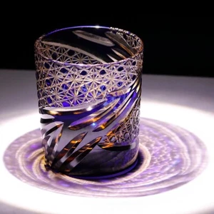Blue Crystal Glass Whiskey Glass Tumbler Edo Kiriko Drinkware Hand Cut Clear 9oz - Picture 1 of 6
