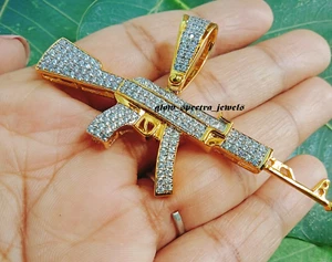 Men's Gun Customized Pendant 3 Ct Round Simulated Diamond 14k Yellow Gold Plated - Picture 1 of 14