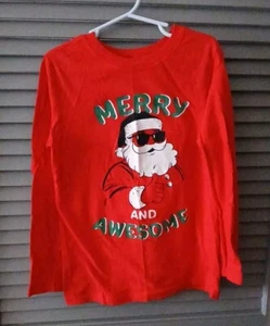 Kids Size 7 Christmas Long Sleeve Shirt Merry And Awesome Santa Worn Once - Picture 1 of 2