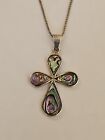 Sterling Silver Abalone Overlay Cross Pendant With 18" Box Chain 4.29g VINTAGE