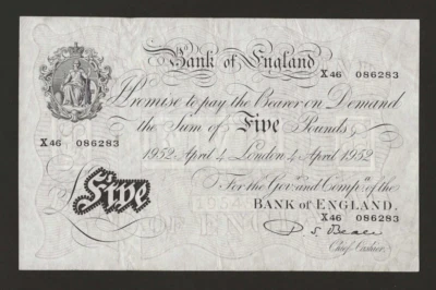 GREAT BRITAIN 5 Pounds 1952, P-344 B270 Beale, X46 086283 WHITE FIVER Clean F/VF - Image 1 of 2