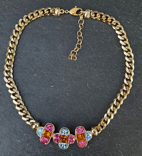 CHRISTIAN DIOR Collier strass colorati placcato oro NOS (S 6113)
