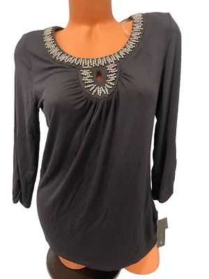 AB STUDIO M NWT BLACK EMBELLISHED 3/4 SLEEVED TOP - Image 1 of 4