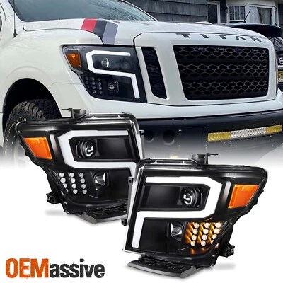 For 2016-2024 Nissan Titan Projector Headlight w/ LED Tube Signal- Black Housing - Image 1 of 4