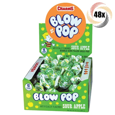 Caja Completa 48x Dijes Pop Manzana Agria Blow Pop Burbuja Goma Relleno Piruletas | 0,65 OZ Foto 1 de 2