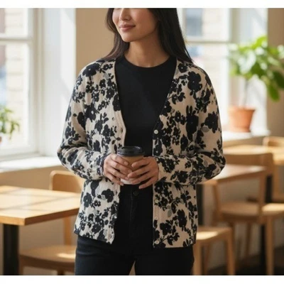 Cárdigan suéter floral con botones de lana merino XL Garnet Hill para mujer Foto 1 de 4