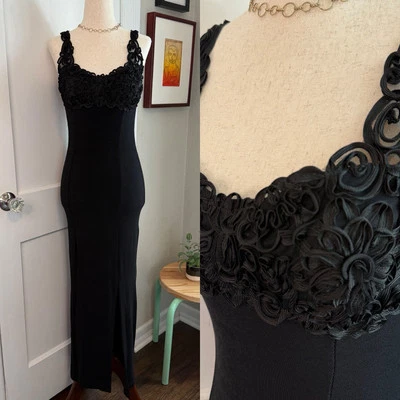 Vintage 90s Charlotte Russe Rosette Soft Goth Maxi Body-con Dress Black Wms M - Image 1 of 4