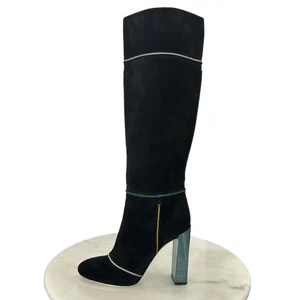 FENDI Boots Tall Black Suede & Sea Green Wood Veneer Block Heels EU 40 AUTHENTIC - Picture 1 of 5
