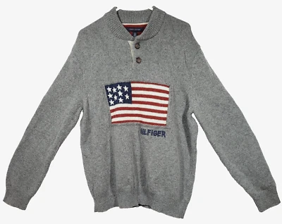 Tommy Hilfiger Sweater Men XL American Flag Wool Gray Pullover Long Sleeve - Image 1 of 4