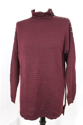Suéter Tahari S marrom vermelho merino mistura de lã costela botão-ombro - Imagem 1 de 4