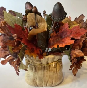 Vintage Grain Sack Style Ceramic Planter W/Faux Fall Leaves Fall/Autumn Decor - Picture 1 of 9