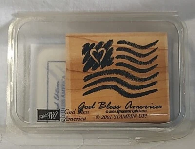 VTG God Bless America Heart Flag Wood Mounted Rubber Stamp 2001 by Stampin' Up!  - Image 1 of 4