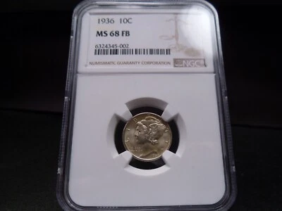 1936 MS68FB (Full Bands) Mercury Dime NGC Certified Superb Gem - White/Gold Tone - Image 1 of 4