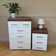 White & Walnut 4+2 Drawer Chest & 3 Draw Bedside Cabinet Bedroom Furniture Set
