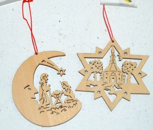 WOOD LASER CUT CHRISTMAS ORNAMENTS 2 NATIVITY & CHURCH STAR 3.5" NEW - Picture 1 of 3