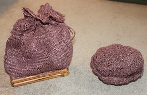Vintage Mauve Evening Drawstring Bag Bamboo Bottom and Matching Bun Cover - Picture 1 of 7
