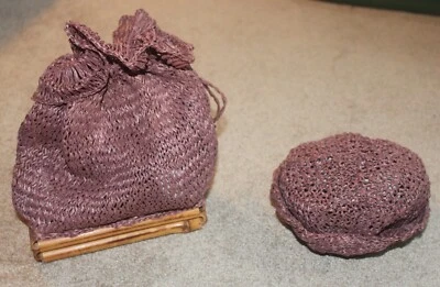 Vintage Mauve Evening Drawstring Bag Bamboo Bottom and Matching Bun Cover - Image 1 of 4