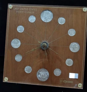 Last US Silver Coinage Coins Mantle Clock Numismatic Executive Walnut Used Works - Picture 1 of 6
