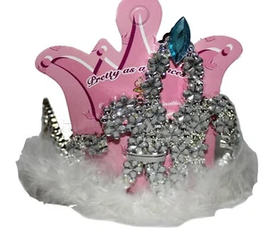 4" Snow Princess, Little Girl Tiara, Blue Rhinestone & Flowers w/ white feathers - Picture 1 of 5
