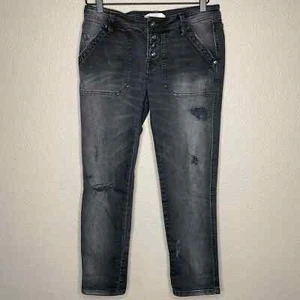 Free People Black Stone Wash Distressed Button Fly Patch Pocket Jeans Womens 2 - Picture 1 of 6