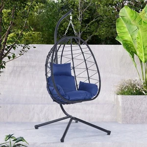 Egg Chair with Stand - Indoor/Outdoor Patio Wicker Hanging Swing Basket Chair - Picture 1 of 12