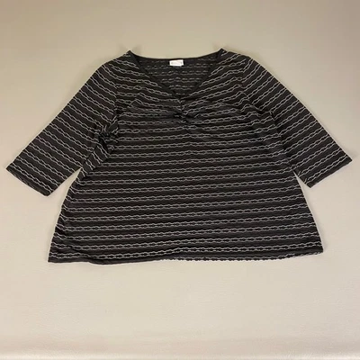 Jaclyn Smith Blouse Top Women's Plus 1X Black White Striped 3/4 Sleeve V Neck - Image 1 of 4