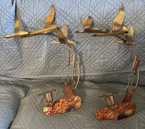 Vintage MCM Copper Brass Flying Geese Duck Cattails Wall Art Candle Sconce Set 2 - Picture 1 of 7