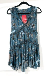 Free People Tunic Top Small Turquoise Blue Floral Bird Tiered Dress Boho NEW - Picture 1 of 12