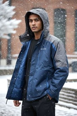 Columbia Fractal Gasket Hooded Winter Jacket Mens XL Waterproof Navy Gray XM4697 - Image 1 of 4