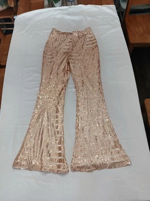 Rose Gold Sequin High Rise Flare Pants M Glam Holiday Party Disco Sparkle Shiny - Image 1 of 4